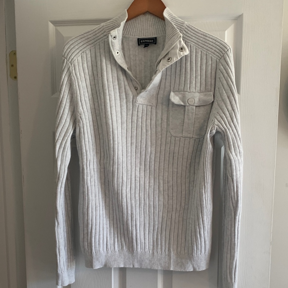 Express Men's Light Gray Ribbed Zip-Up Sweater